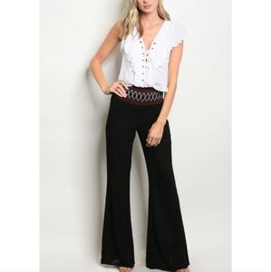 Bear Dance gauze wide leg pants with embroidered elastic waist band black Medium